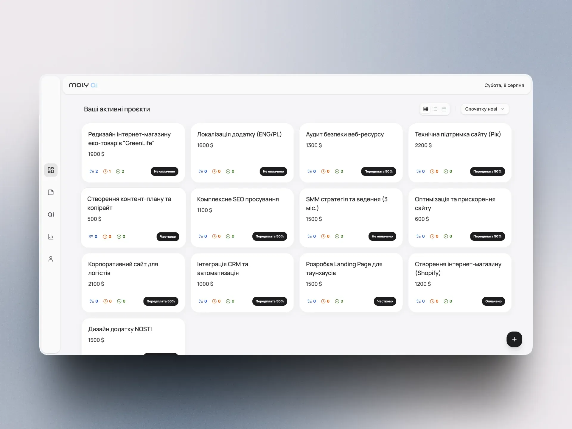 Дашборд MOLY CRM на десктопі: сітка активних проєктів із сумами та статусами оплат