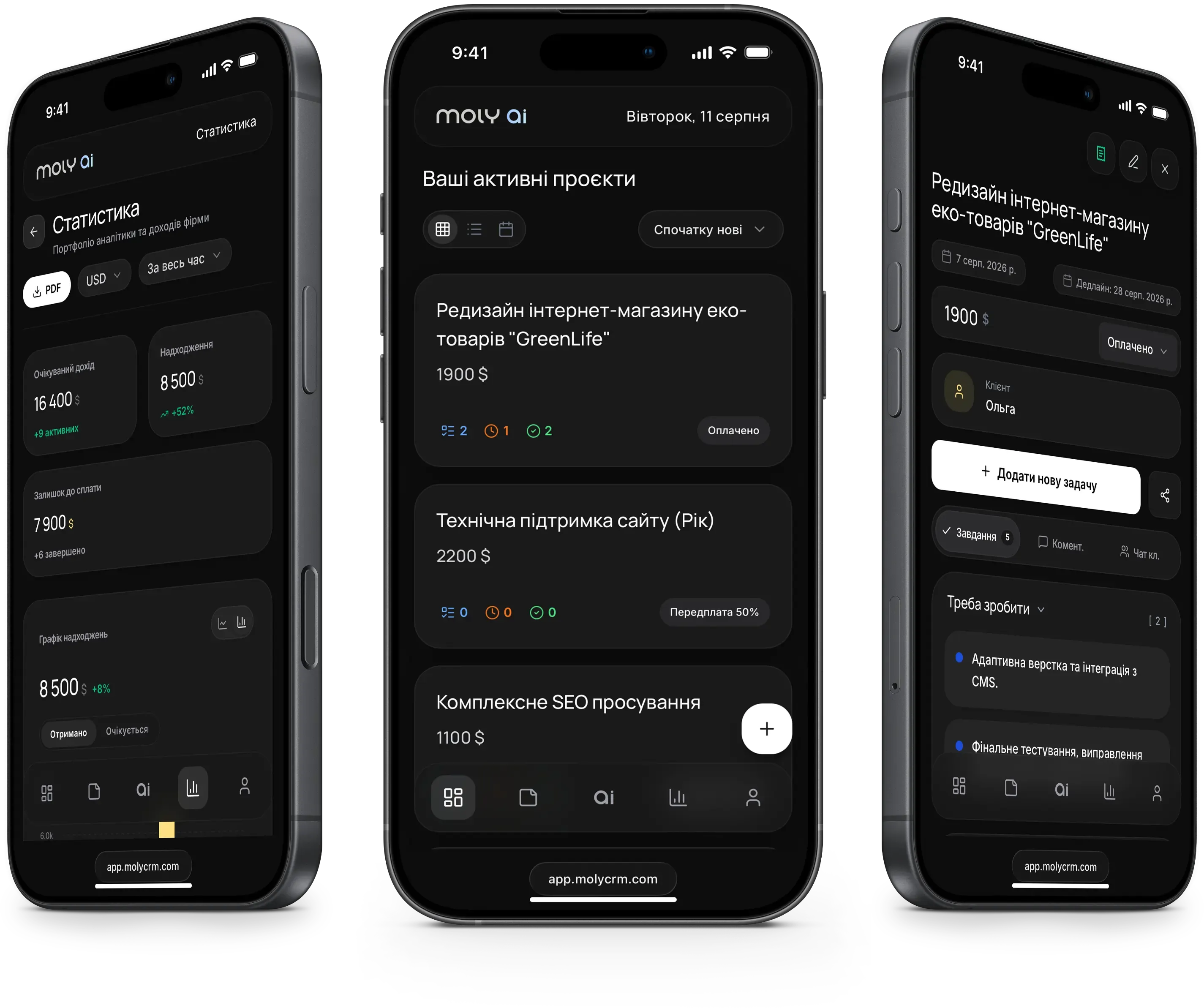 Мобільний інтерфейс MOLY CRM: список проєктів, картка проєкту та фінансова статистика